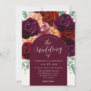 Elegant Floral Fall Burgundy Burnt Orange Wedding Invitation