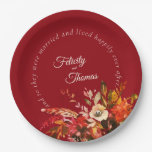 Elegant Floral Fall Red Happily Ever After Wedding Paper Plates