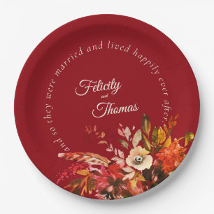 Elegant Floral Fall Red Happily Ever After Wedding Paper Plates