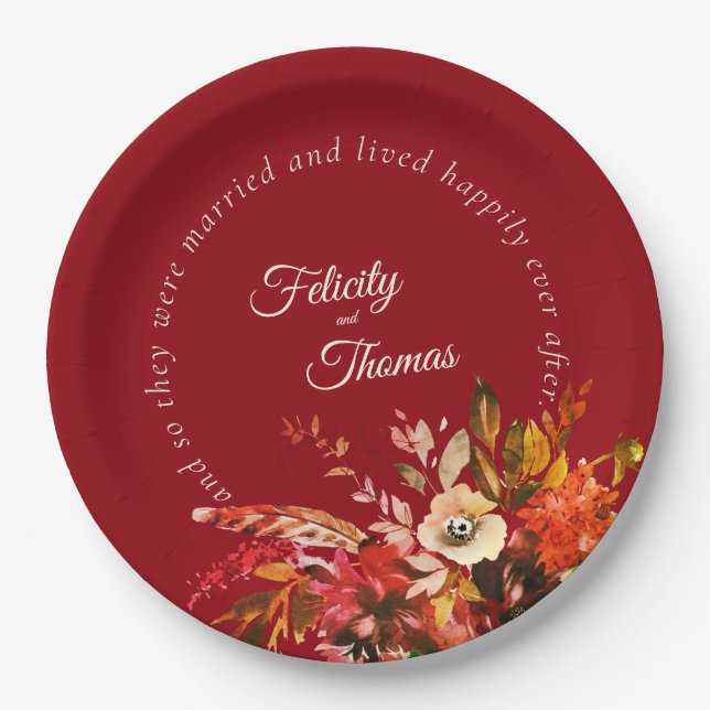 Elegant Floral Fall Red Happily Ever After Wedding Paper Plates (Front)
