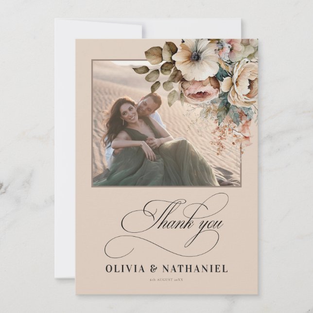 Elegant Floral Fall Wedding Photo Thank You Card (Front)