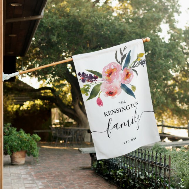 Elegant Floral Family House Flag (In SItu)