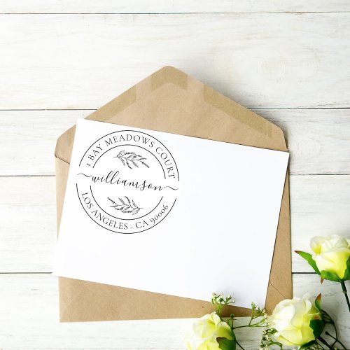 Elegant Floral Family Name Circular Return Address Rubber Stamp