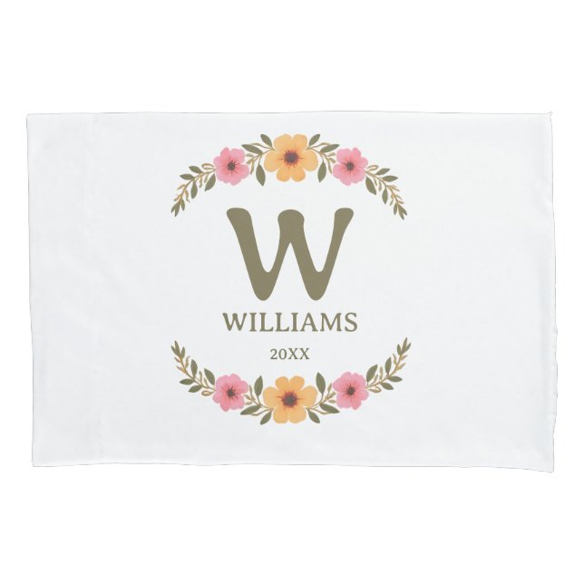 Elegant Floral Family Name Monogrammed Pillow Case (Front-Left)