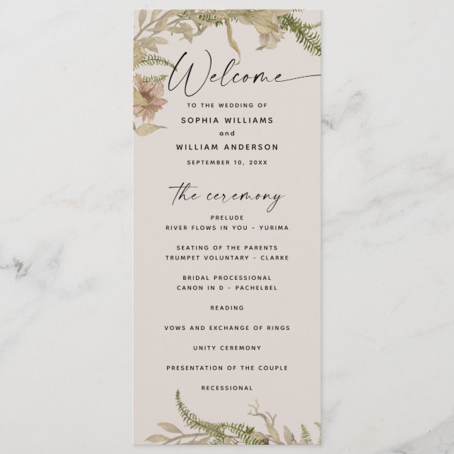 Elegant Floral & Fern Wedding | Botanical Garden Program (Front)