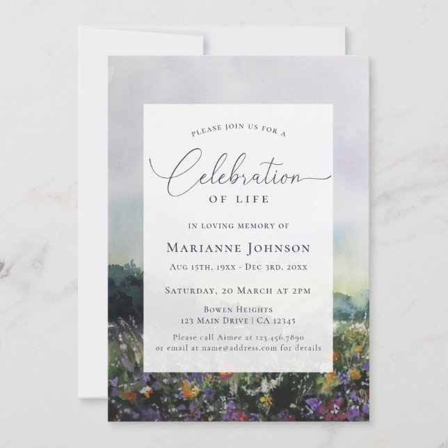 Elegant Floral Field Celebration of Life Invitation (Front)