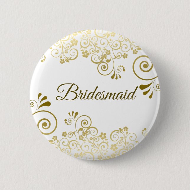 Elegant Floral Filigree Gold Bridesmaid Wedding Button (Front)
