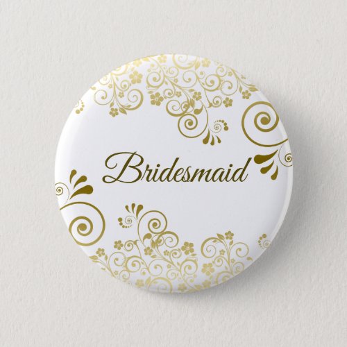 Elegant Floral Filigree Gold Bridesmaid Wedding Button