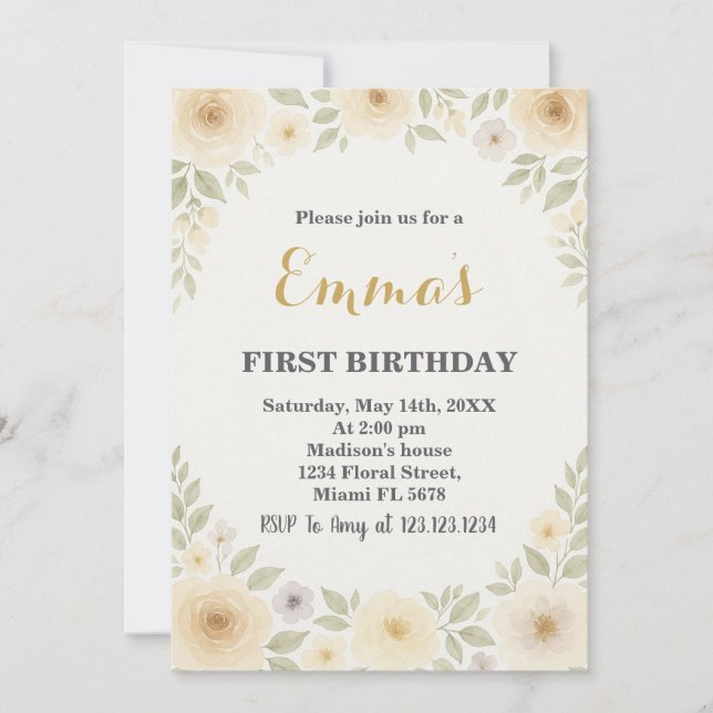Elegant Floral First Birthday Invitation (Front)