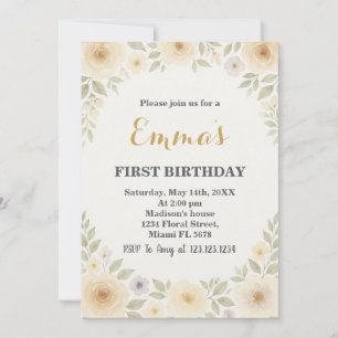 Elegant Floral First Birthday Invitation