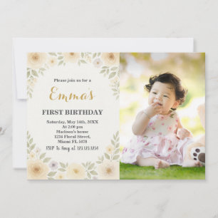 Elegant Floral First Birthday Invitation