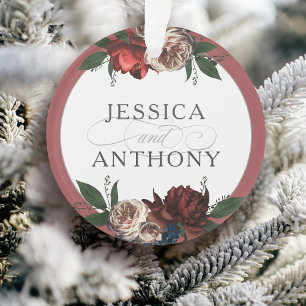Elegant Floral First Christmas Wedding Keepsake Ornament