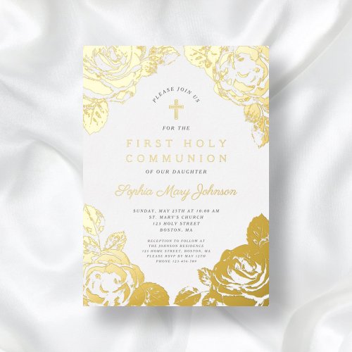 Elegant Floral First Communion Gold Foil Invitation
