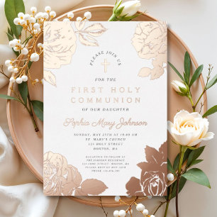 Elegant Floral First Communion Rose Gold Foil Invitation