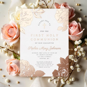 Elegant Floral First Communion Rose Gold Foil Invitation