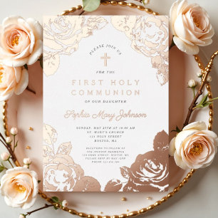 Elegant Floral First Communion Rose Gold Foil Invitation