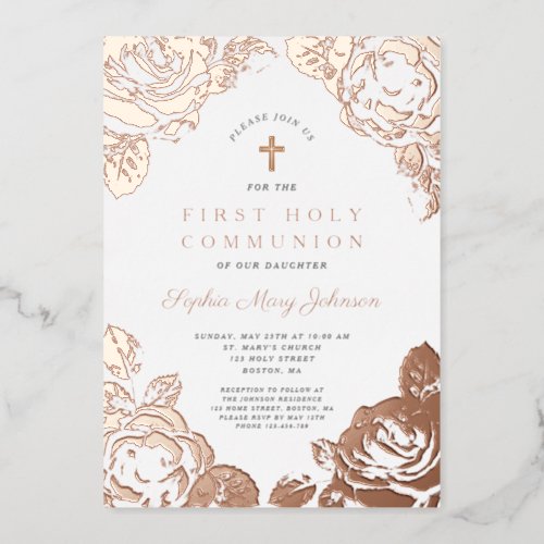 Elegant Floral First Communion Rose Gold Foil Invitation