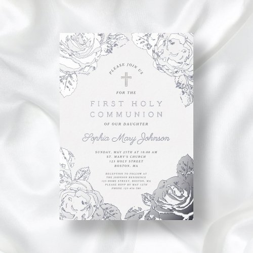 Elegant Floral First Communion Silver  Foil Invitation