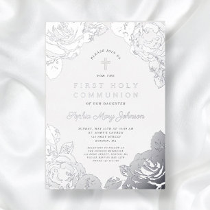 Elegant Floral First Communion Silver  Foil Invitation