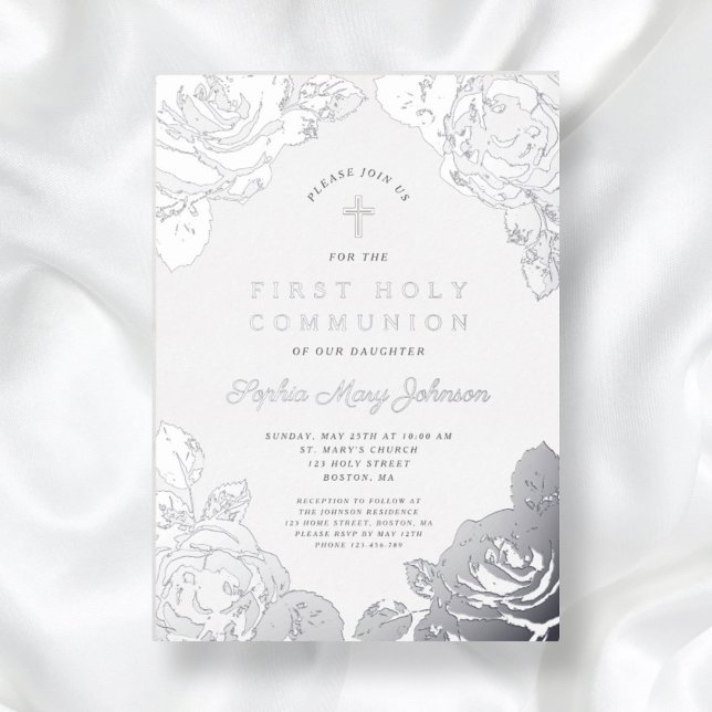 Elegant Floral First Communion Silver  Foil Invitation (Elegant Floral First Communion Silver Foil Invitation)