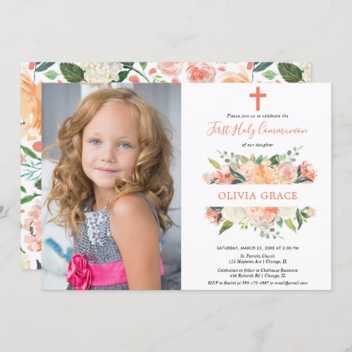 Elegant floral first holy communion girl photo invitation