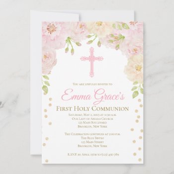 Elegant Floral First Holy Communion Invitation by PurplePaperInvites at Zazzle