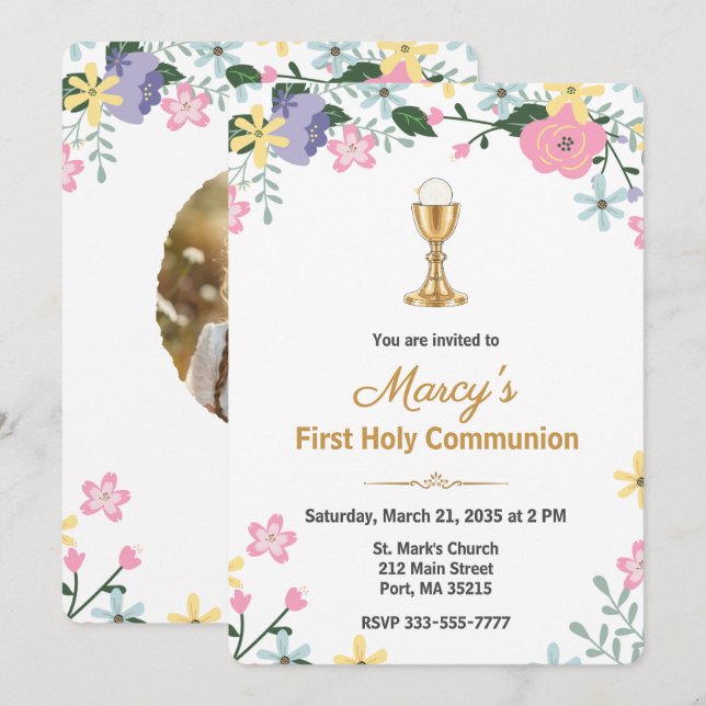 Elegant Floral First Holy Communion Photo  Invitation (Front/Back)