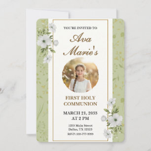 Elegant Floral First Holy Communion Photo Keepsake Invitation