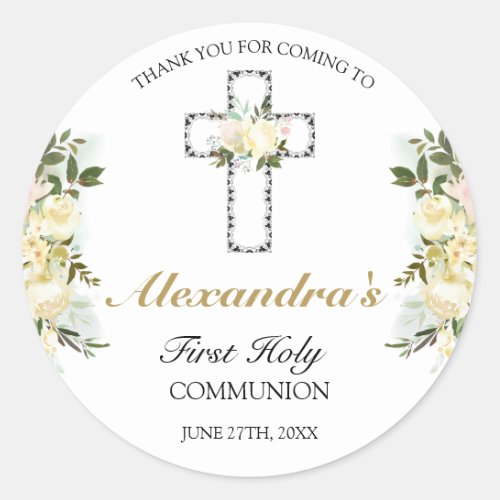 Elegant Floral First Holy Communion Thank You Classic Round Sticker