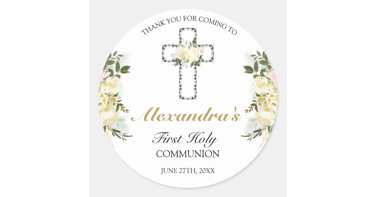 Elegant Floral First Holy Communion Thank You Classic Round Sticker