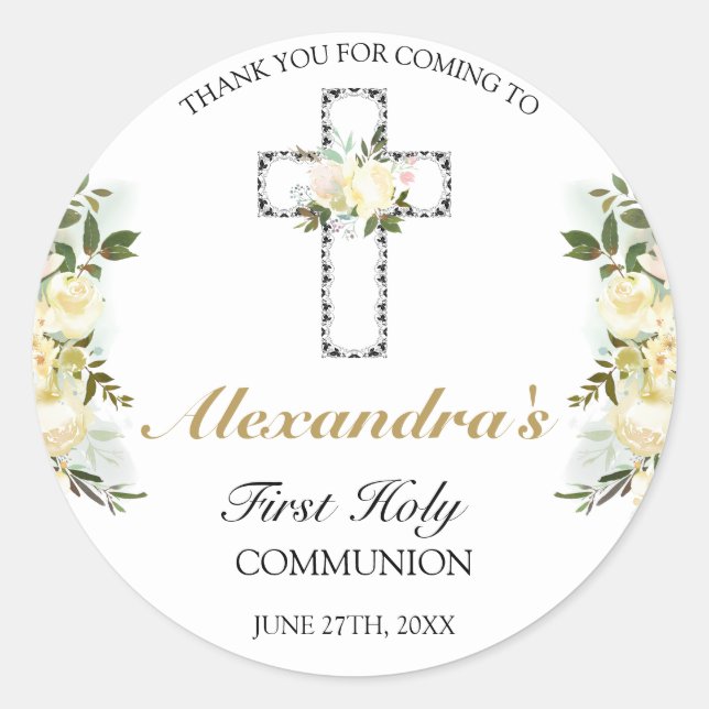 Elegant Floral First Holy Communion Thank You Classic Round Sticker (Front)