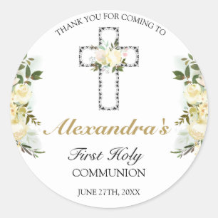 Elegant Floral First Holy Communion Thank You Classic Round Sticker