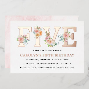 Elegant Floral FIVE 5th Birthday Real Foil Invitation