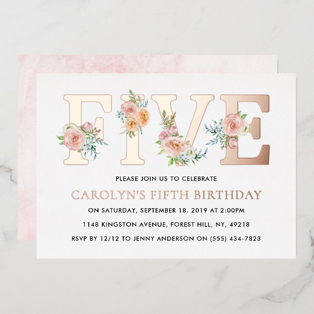 Elegant Floral FIVE 5th Birthday Real Foil Invitation (Front/Back)