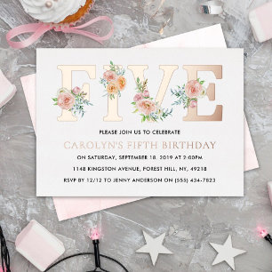 Elegant Floral FIVE 5th Birthday Real Foil Invitation