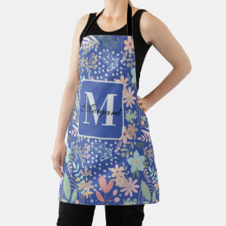 Elegant Floral Flower Leaf Blue Themed Monogram Apron