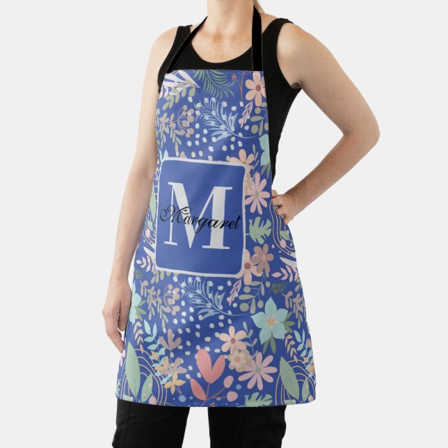 Elegant Floral Flower Leaf Blue Themed Monogram Apron (Insitu)