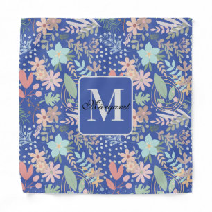 Elegant Floral Flower Leaf Blue Themed Monogram Bandana