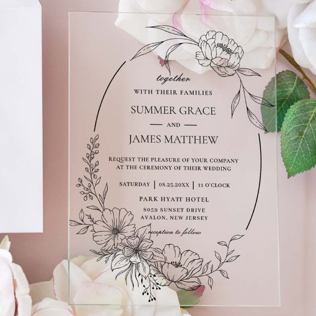 Elegant Floral Flowers Botanical Line Art Wedding Acrylic Invitations (Creator Uploaded)