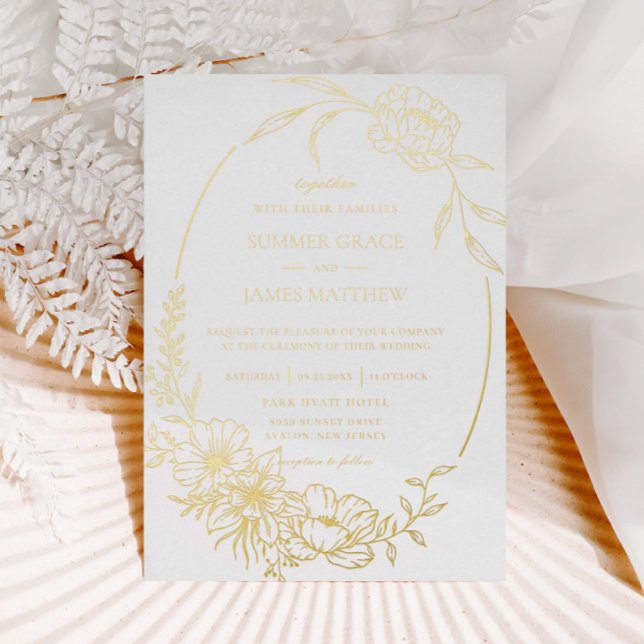 Elegant Floral Flowers Botanical Line Art Wedding Foil Invitation (Creator Uploaded)