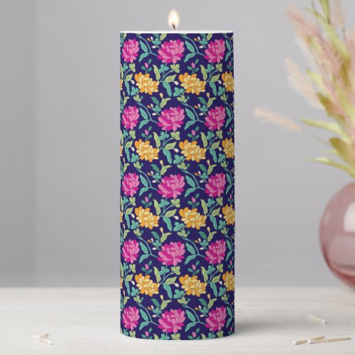 Elegant Floral Flowers Pink Yellow Buds Greenery Pillar Candle