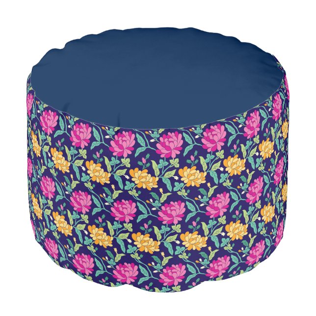 Elegant Floral Flowers Pink Yellow Buds Greenery Pouf (Angled Front)
