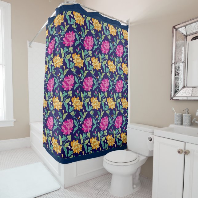 Elegant Floral Flowers Pink Yellow Buds Greenery Shower Curtain (In Situ)
