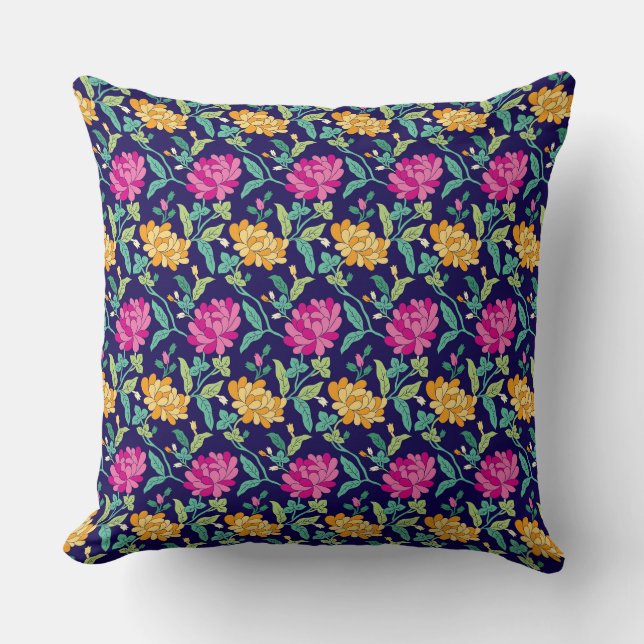 Elegant Floral Flowers Pink Yellow Buds Greenery Throw Pillow (Front)