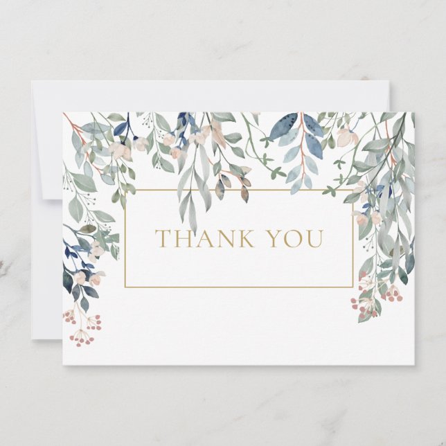 Elegant Floral Foliage Gold Geometric Thank You Card (Front)