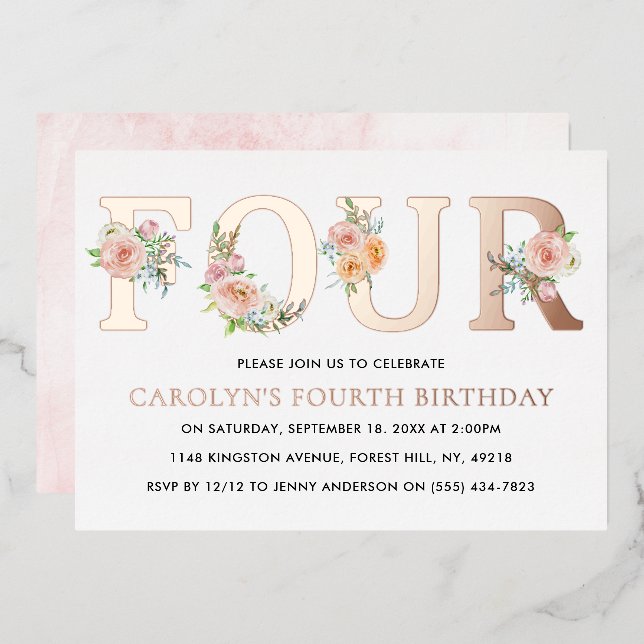 Elegant Floral FOUR 4th Birthday Real Foil Invitation (Front/Back)