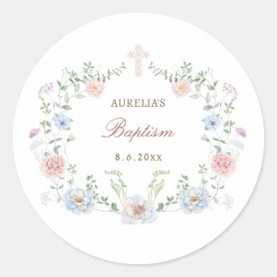 Elegant Floral Frame Baptism Classic Round Sticker