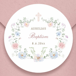 Elegant Floral Frame Baptism Classic Round Sticker