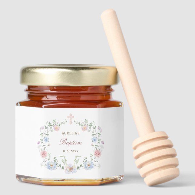 Elegant Floral Frame Baptism Honey Jar Favors (Front)
