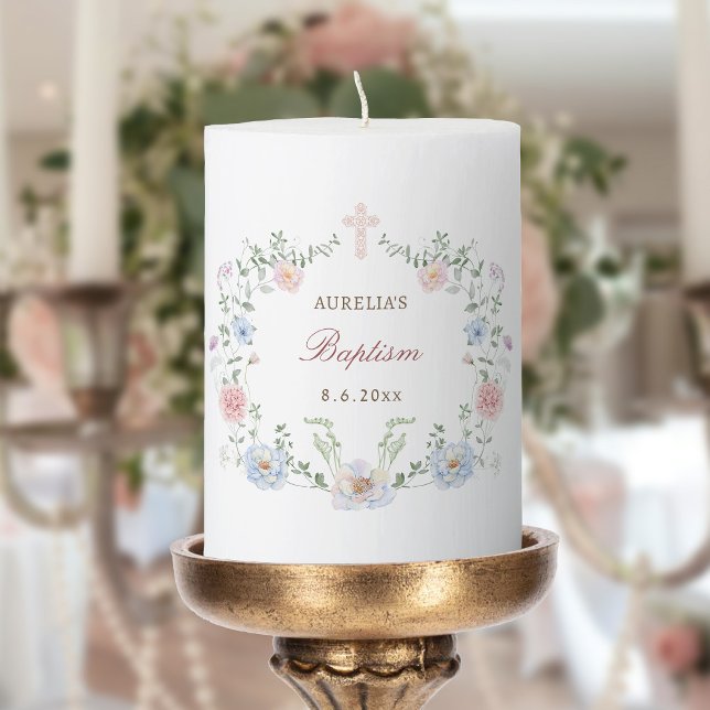Elegant Floral Frame Baptism Pillar Candle (Creator Uploaded)